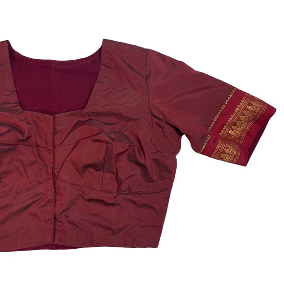 Maroon Silk Blend Blouse Short Sleeve Square Neck Gold Trim Crop Top - Picture 8 of 13